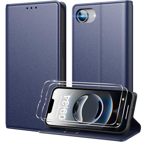 Peakally Handyhülle für iPhone 16e Hülle [Mit 2 Stück Panzer Schutz Glas] [Premium PU Leder] [RFID-Blockierung] [Kartenfach] [Ständer] Klapphülle Kompatibel mit iPhone 16e 2025 - Blau von Peakally