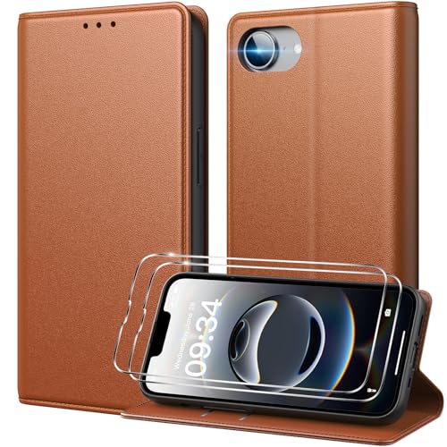Peakally Handyhülle für iPhone 16e Hülle [Mit 2 Stück Panzer Schutz Glas] [Premium PU Leder] [RFID-Blockierung] [Kartenfach] [Ständer] Klapphülle Kompatibel mit iPhone 16e 2025 - Braun von Peakally