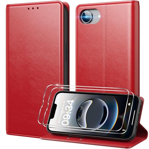 Peakally Handyhülle für iPhone 16e Hülle [Mit 2 Stück Panzer Schutz Glas] [Premium PU Leder] [RFID-Blockierung] [Kartenfach] [Ständer] Klapphülle Kompatibel mit iPhone 16e 2025 - Rot von Peakally