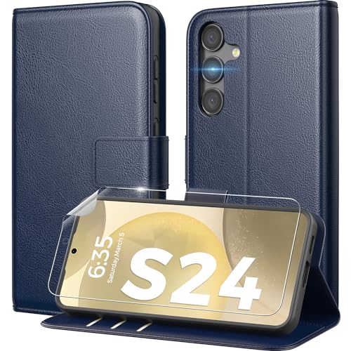 Peakally Hülle für Samsung Galaxy S24 [Mit S24 Schutzfolie] [Premium PU Leder] [RFID-Blockierung] [Kartenfach] [Magnet] TPU Stoßfest Handyhülle Klapphülle Kompatibel mit Samsung Galaxy S24 - Blau von Peakally