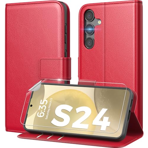 Peakally Hülle für Samsung Galaxy S24 [Mit S24 Schutzfolie] [Premium PU Leder] [RFID-Blockierung] [Kartenfach] [Magnet] TPU Stoßfest Handyhülle Klapphülle Kompatibel mit Samsung Galaxy S24 - Rot von Peakally