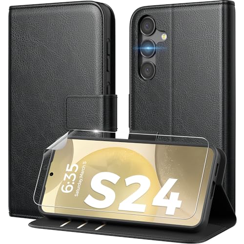 Peakally Hülle für Samsung Galaxy S24 [Mit S24 Schutzfolie] [Premium PU Leder] [RFID-Blockierung] [Kartenfach] [Magnet] TPU Stoßfest Handyhülle Klapphülle Kompatibel mit Samsung Galaxy S24 - Schwarz von Peakally