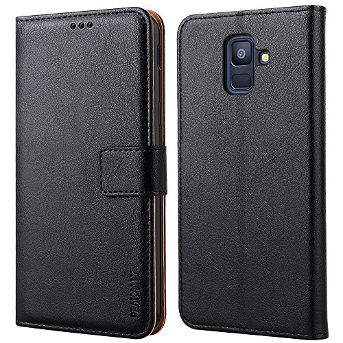 Peakally Samsung Galaxy A6 2018 Hülle, Premium PU-Leder Tasche Flip Wallet Case [Standfunktion] [Kartenfächern] PU-Leder Schutzhülle Brieftasche Handyhülle für Samsung Galaxy A6 2018 5.6"-Schwarz von Peakally