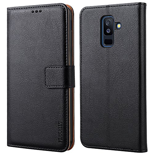 Peakally Samsung Galaxy A6 Plus 2018 Hülle, Premium PU-Leder Tasche Flip Wallet Schutzhülle [Standfunktion] [Kartenfächern] [Magnetischen Verschluss] Handyhülle für Samsung A6 Plus 2018 6.0"-Schwarz von Peakally