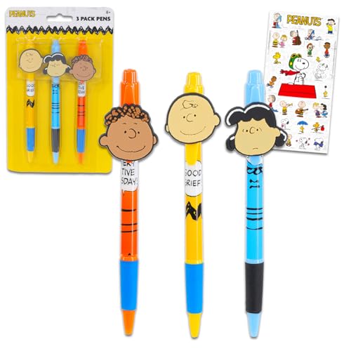 Peanuts Stifte-Geschenkset – Paket mit 3 Charlie Brown Stiften mit Clip und Aufklebern | Peanuts Schreibtischzubehör von Peanuts
