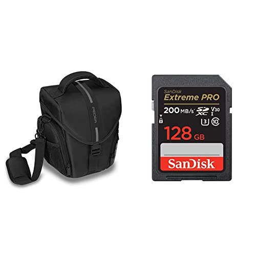 PEDEA DSLR-Kameratasche *Essex* Fototasche, Gr. L schwarz/grau & SanDisk Extreme PRO SDXC UHS-I Speicherkarte 128 GB (V30, 200 MB/s, U3, 4K UHD Videos, SanDisk QuickFlow-Technologie) von Pedea