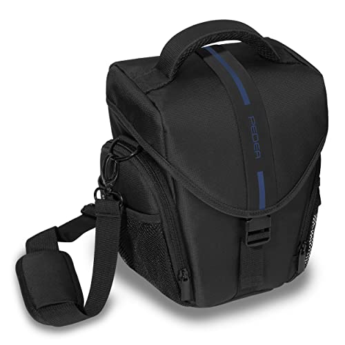 PEDEA DSLR-Kameratasche *Essex* Fototasche für Spiegelreflexkameras mit wasserdichtem Regenschutz, Tragegurt und Zubehörfächern, Gr. L schwarz/blau von Pedea
