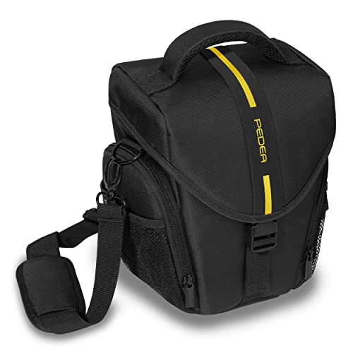 PEDEA DSLR-Kameratasche *Essex* Fototasche für Spiegelreflexkameras mit wasserdichtem Regenschutz, Tragegurt und Zubehörfächern, Gr. L schwarz/gelb von Pedea