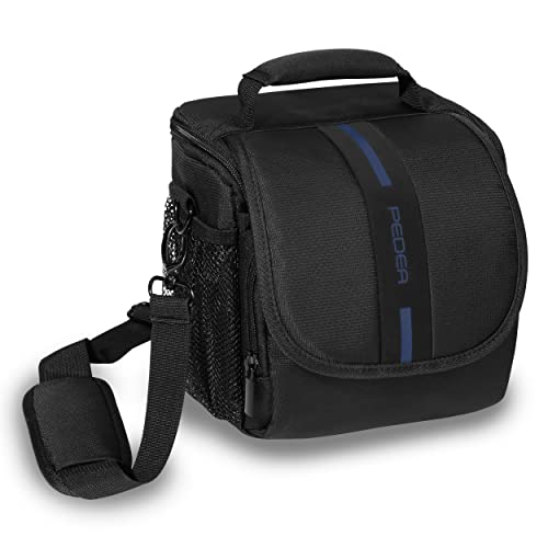 PEDEA DSLR-Kameratasche *Essex* Fototasche für Spiegelreflexkameras mit wasserdichtem Regenschutz, Tragegurt und Zubehörfächern, Gr. M schwarz/blau von Pedea