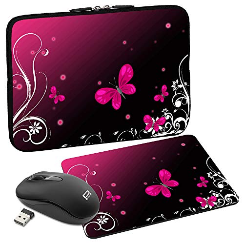 PEDEA Design Schutzhülle Notebook Tasche bis 13,3 Zoll (33,7cm) mit Mauspad und schnurloser Maus, Butterfly von Pedea
