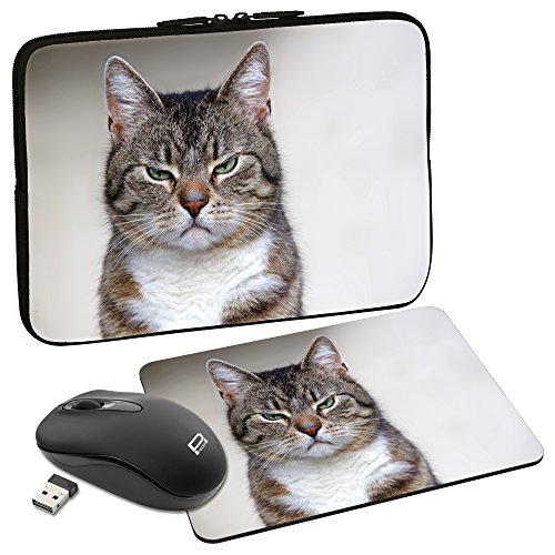 PEDEA Design Schutzhülle Notebook Tasche bis 13,3 Zoll (33,7cm) mit Mauspad und schnurloser Maus, Cat von Pedea