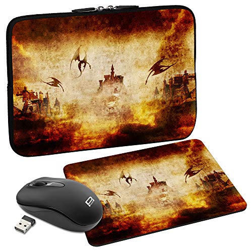 PEDEA Design Schutzhülle Notebook Tasche bis 13,3 Zoll (33,7cm) mit Mauspad und schnurloser Maus, Dragon´s Castle von Pedea