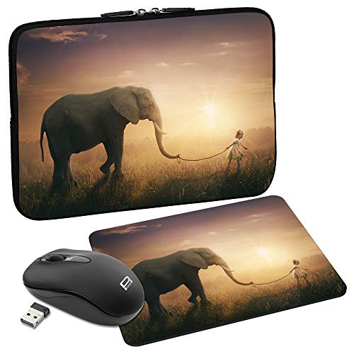 PEDEA Design Schutzhülle Notebook Tasche bis 13,3 Zoll (33,7cm) mit Mauspad und schnurloser Maus, Elephant von Pedea
