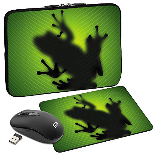 PEDEA Design Schutzhülle Notebook Tasche bis 13,3 Zoll (33,7cm) mit Mauspad und schnurloser Maus, Green Frog von Pedea