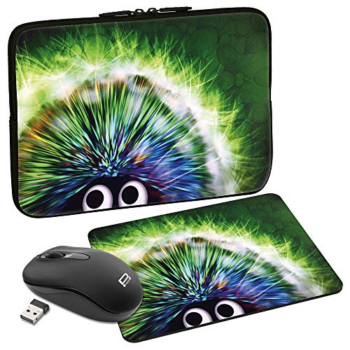 PEDEA Design Schutzhülle Notebook Tasche bis 13,3 Zoll (33,7cm) mit Mauspad und schnurloser Maus, Green Hedgehog von Pedea