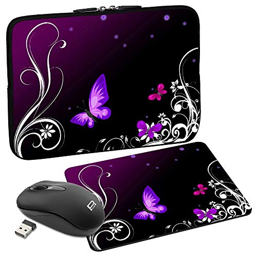 PEDEA Design Schutzhülle Notebook Tasche bis 13,3 Zoll (33,7cm) mit Mauspad und schnurloser Maus, Purple Butterfly von Pedea