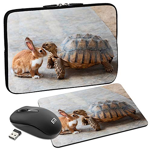 PEDEA Design Schutzhülle Notebook Tasche bis 13,3 Zoll (33,7cm) mit Mauspad und schnurloser Maus, Rabbit and Turtle von Pedea