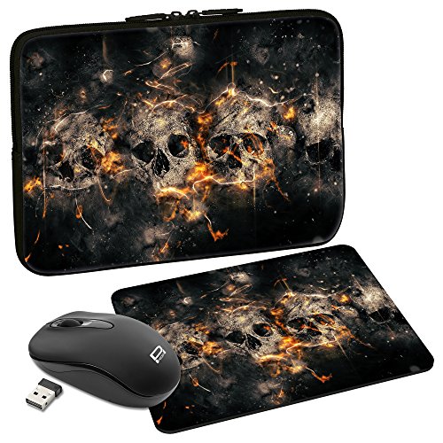 PEDEA Design Schutzhülle Notebook Tasche bis 13,3 Zoll (33,7cm) mit Mauspad und schnurloser Maus, Skulls von Pedea