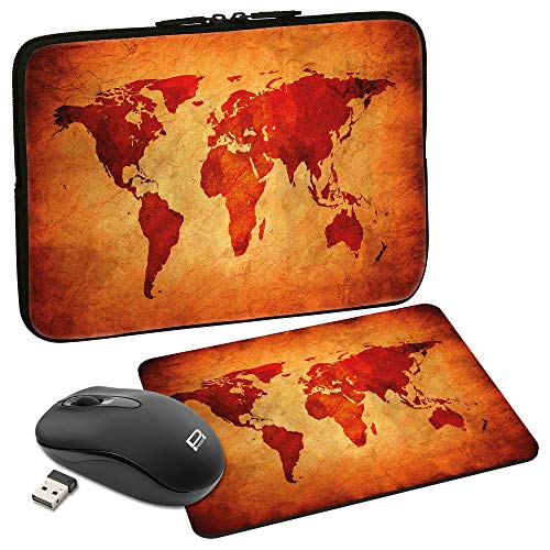 PEDEA Design Schutzhülle Notebook Tasche bis 17,3 Zoll (43,9cm) mit Mauspad und schnurloser Maus, Brown Global Map von Pedea