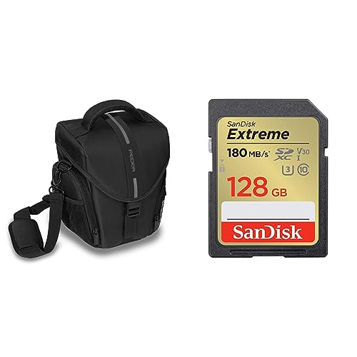 Pedea DSLR-Kameratasche *Essex* Fototasche für Spiegelreflexkameras mit wasserdichtem Regenschutz & SanDisk Extreme SDXC UHS-I Speicherkarte 128 GB von Pedea