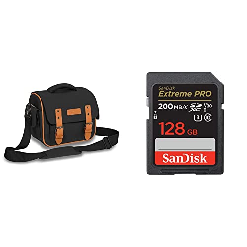 Pedea DSLR-Kameratasche%22Vintage%22 Fototasche für Spiegelreflexkameras mit wasserdichtem Regenschutz, Tragegurt und Zubehörfächern & SanDisk Extreme PRO SDXC UHS-I Speicherkarte 128 GB (V30 von Pedea