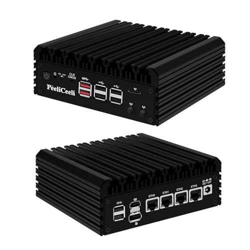 PeeliCeeli 2025 i3 N1355 Lüfterlos Mini PC, OPNsense Firewall Appliance DDR5 16GB RAM 1TB SSD, 4X i226-V 2.5GbE LAN Port Büro Micro Desktop PC Win 11 Pro, Dual 4K HD+DP, TF Slot von PeeliCeeli