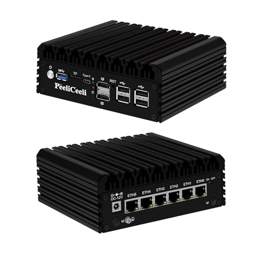 PeeliCeeli 2025 i3 N1355 Lüfterlos Mini PC, OPNsense Firewall Appliance DDR5 32GB RAM 2TB SSD, 6X i226-V 2.5GbE LAN Port Büro Micro Desktop PC Win 11 Pro, 4K 2HD+USB C, TF Slot von PeeliCeeli
