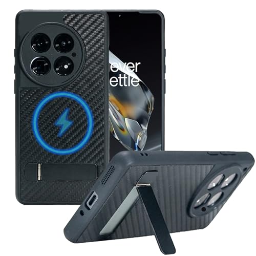 Pefimt Schutzhülle für OnePlus 13, kompatibel mit MagSafe, integrierter 3-Wege-Ständer und starker Magnetring, Karbonfaser-Textur, Lederrückseite, militärische Qualität, Schwarz von Pefimt