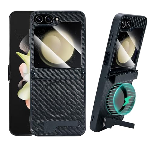 Pefimt Schutzhülle für Samsung Galaxy Z Flip 6, kompatibel mit MagSafe, integrierter 3-Wege-Ständer und Magnetring, Scharnierschutz, luxuriöse Karbonfaser-Textur, Leder, stoßfest, schlanke Handyhülle, von Pefimt
