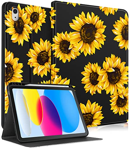 Pegmode Schutzhülle für iPad der 10. Generation, 27,7 cm (10,9 Zoll), niedliches Folio-Cover mit Sonnenblume, hübsches Design mit Stifthalter, Smart-Cover für Apple iPad 10. Generation 2022 A2696 von Pegmode