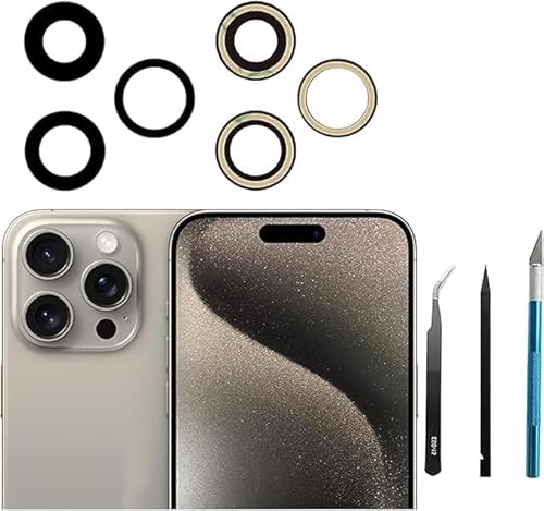 3 Stück 15 Pro Max Rear Camera Glass Lens Ersatz für iPhone 15 Pro Max Rear Camera Glass Lens Ersatz, mit Reparaturset, kratzfest und wasserdicht von PeiDog