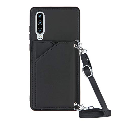 PekaTech Handykette für Huawei P30, PU-Leder Hülle- Handyhülle mit Band zum Umhängen - Klapptasche Handytasche Case mit Handy-Kette, Kartenfach und Portmonee, Schwarz von PekaTech