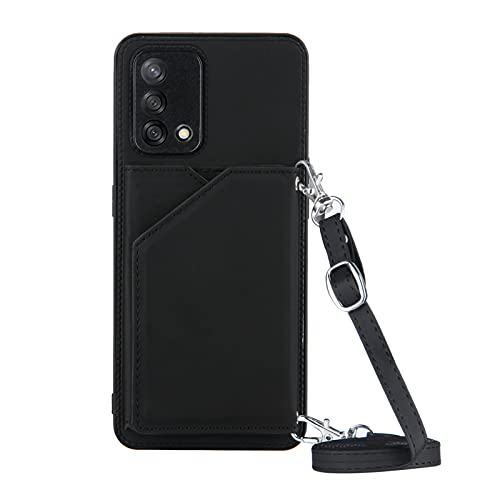 PekaTech Handykette für Oppo A74 4G, PU-Leder Hülle- Handyhülle mit Band zum Umhängen - Klapptasche Handytasche Case mit Handy-Kette, Kartenfach und Portmonee, Schwarz von PekaTech