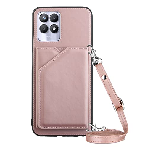 PekaTech Handykette für Realme 8i, PU-Leder Hülle- Handyhülle mit Band zum Umhängen - Klapptasche Handytasche Case mit Handy-Kette, Kartenfach und Portmonee, Roségold von PekaTech