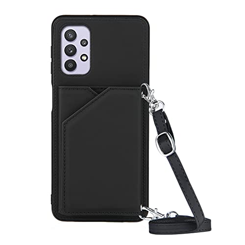 PekaTech Handykette für Samsung Galaxy A32 5G, PU-Leder Hülle- Handyhülle mit Band zum Umhängen - Klapptasche Handytasche Case mit Handy-Kette, Kartenfach und Portmonee, Schwarz von PekaTech