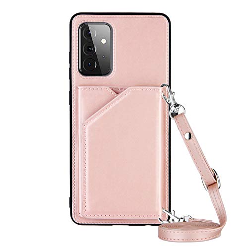 PekaTech Handykette für Samsung Galaxy A72, PU-Leder Hülle- Handyhülle mit Band zum Umhängen - Klapptasche Handytasche Case mit Handy-Kette, Kartenfach und Portmonee, Roségold von PekaTech