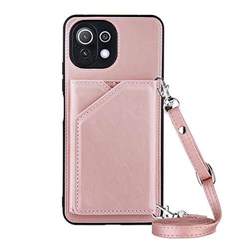 PekaTech Handykette für Xiaomi Mi 11 Lite 5G, PU-Leder Hülle- Handyhülle mit Band zum Umhängen - Klapptasche Handytasche Case mit Handy-Kette, Kartenfach und Portmonee, Roségold von PekaTech