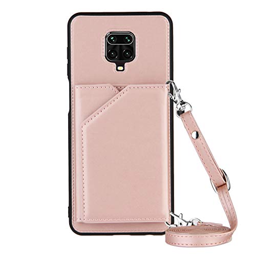 PekaTech Handykette für Xiaomi Redmi Note 9S / Note 9 Pro, PU-Leder Hülle- Handyhülle mit Band zum Umhängen - Klapptasche Handytasche Case mit Handy-Kette, Kartenfach und Portmonee, Roségold von PekaTech