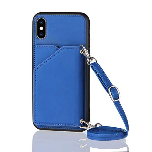 PekaTech Handykette für iPhone X/iPhone XS, PU-Leder Hülle- Handyhülle mit Band zum Umhängen - Klapptasche Handytasche Case mit Handy-Kette, Kartenfach und Portmonee, Blau von PekaTech