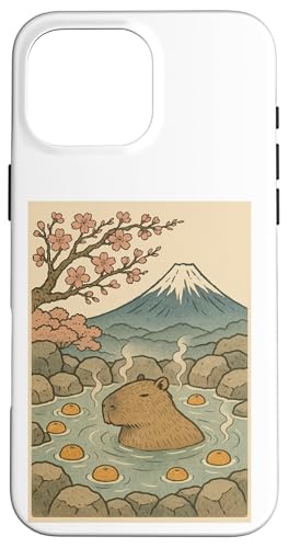 Capybara Kawaii Kunst in heißen Quellen mit Kirschblüten Hülle für iPhone 16 Pro Max von Pelican Tries to Eat Cute Capaybara Design