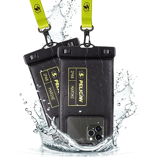 Pelican 2er-Pack Marine – IP68 wasserdichte Handyhülle (normale Größe) – fließende wasserdichte Handyhülle für iPhone 15 Pro Max/14 Pro Max/13 Pro Max/12/S23 – abnehmbares Umhängeband – Schwarz/Hi-Vis von Pelican