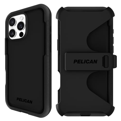 Pelican Voyager Schutzhülle für iPhone 16 Pro Max [kompatibel mit MagSafe], robuste Handyhülle mit 5,5 m Fallschutz in Militärqualität, robuste Handyhülle mit Gürtelclip für iPhone 16 Pro Max, Schwarz von Pelican