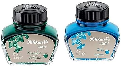 Pelikan 300056 Tinte 4001 dunkelgrün, 30ml & 311894 Tintenglas Tinte 4001, 30 ml, 1 Stück, türkis von Pelikan