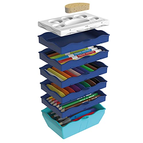 Pelikan 818384 Kreativfabrik Supertower, befüllt mit 54 Teilen (z.B. Bunt-, Filz- und Wachsmalstifte, Knete, Pinsel, Tempera-Farben, etc.) Blau, 1 Stück von Pelikan