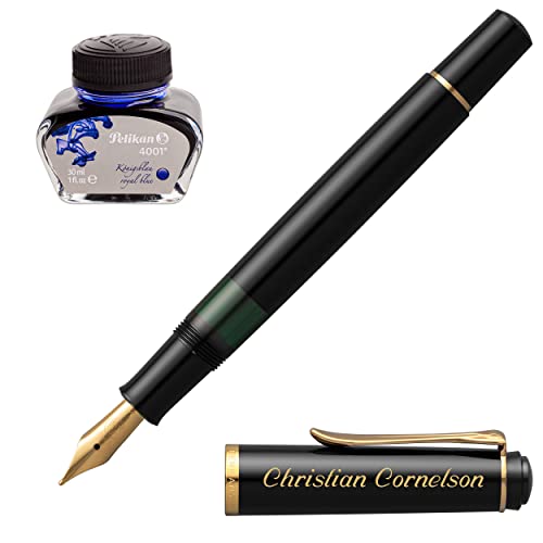 Pelikan Geschenkset Kolbenfüllhalter Classic M 200 Schwarz mit Namen farbig personalisiert vergoldete Beschläge Tintenflacon von Pelikan