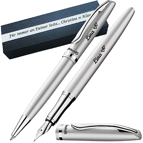 Pelikan - Kugelschreiber und Füller im Set Farbe Silbermatt mit Gravur | Wunschsymbol | Geschenkverpackung | Jazz Elegance Silber 1 Kugelschreiber1 Füllhalter PS61Box2 von Pelikan