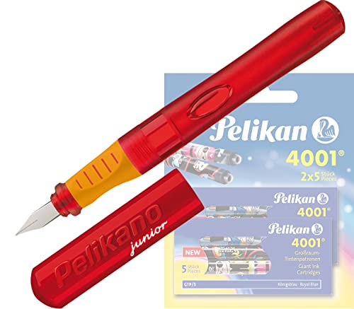 Pelikan - Pelikano Junior Füllhalter P67, Feder: A, Schaftfarbe: [ rot ] + 10 Großraum-Tintenpatronen GTP von Pelikan