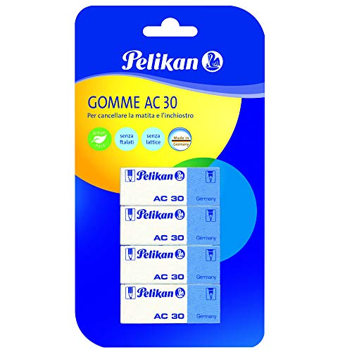 Pelikan Radiergummi, AC 30, weiß, blau, 4 Stück, für Bleistift und Tinte, latexfrei und phthalatfrei, hergestellt in Deutschland von Pelikan