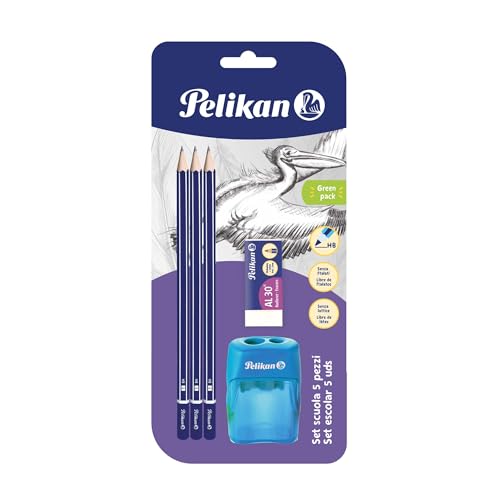 Pelikan Schul-Set, 3 Bleistifte Graphit 2B, 1 Radiergummi AS30, 1 Doppelanspitzer (Rosa oder Blau), phthalatfrei und latexfrei, hergestellt in Deutschland. von Pelikan