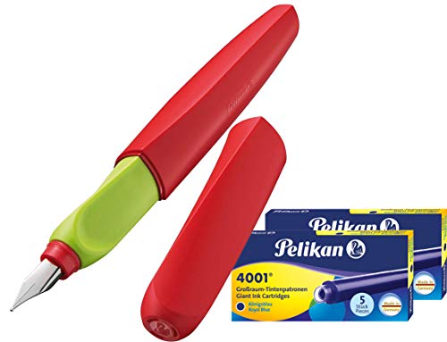 Pelikan Twist Füllhalter rot/Griff grün/Feder F (Universell für Rechts- und Linkshänder) + 10 Großraum Patronen von Pelikan